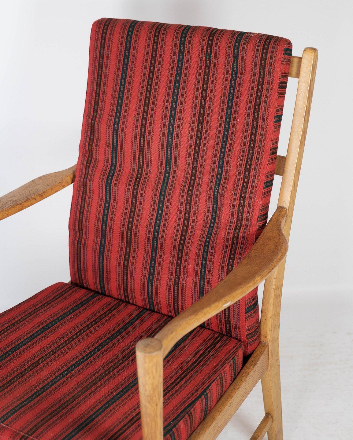 Armchair In Oak With Cushions Upholstered In Red Striped Fabric, Swedish By Bjärnums Möbelfabrik 1960s. photo furniture
