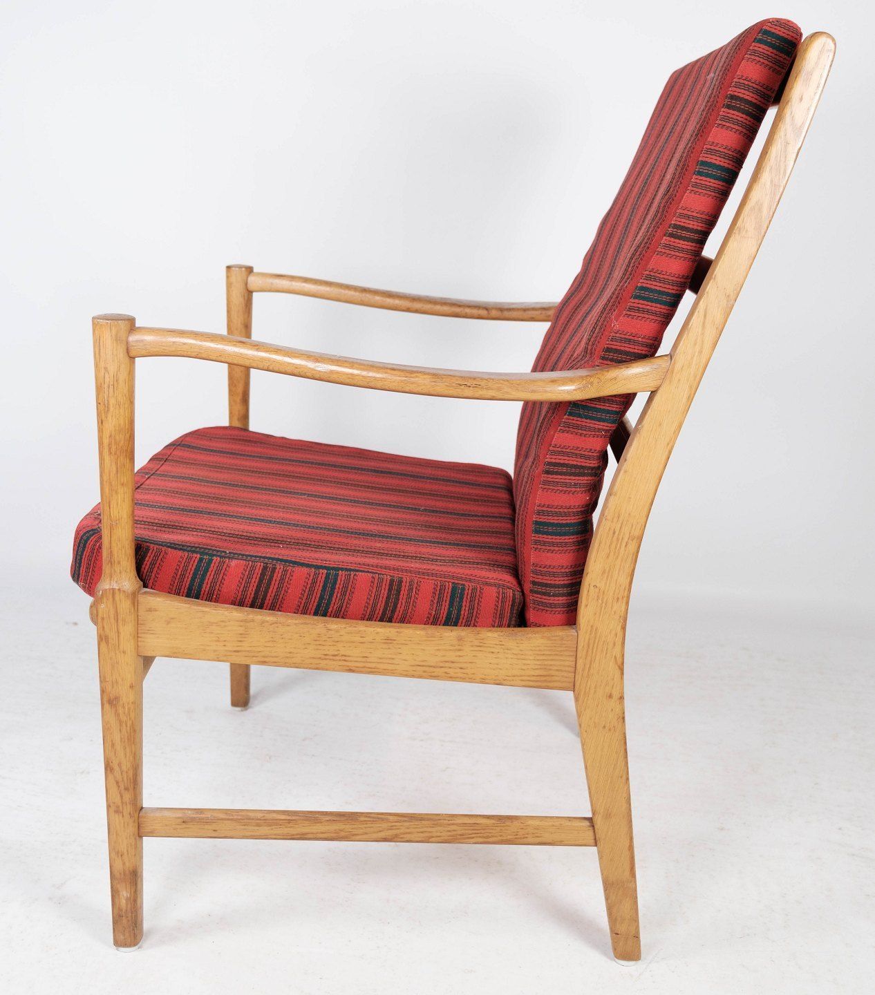 Armchair In Oak With Cushions Upholstered In Red Striped Fabric, Swedish By Bjärnums Möbelfabrik 1960s. photo for sale
