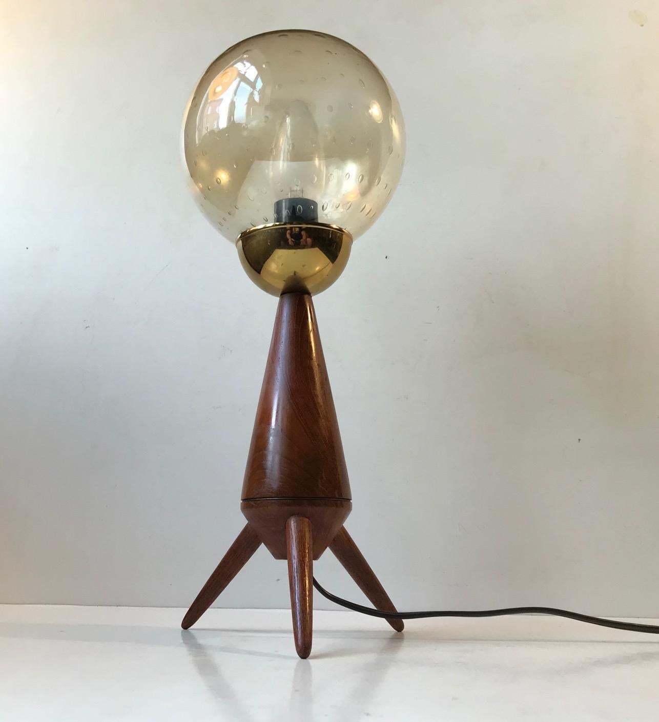 Scandinavian Midcentury Tripod Table Lamp In Teak And Glass 1960s photo vintage