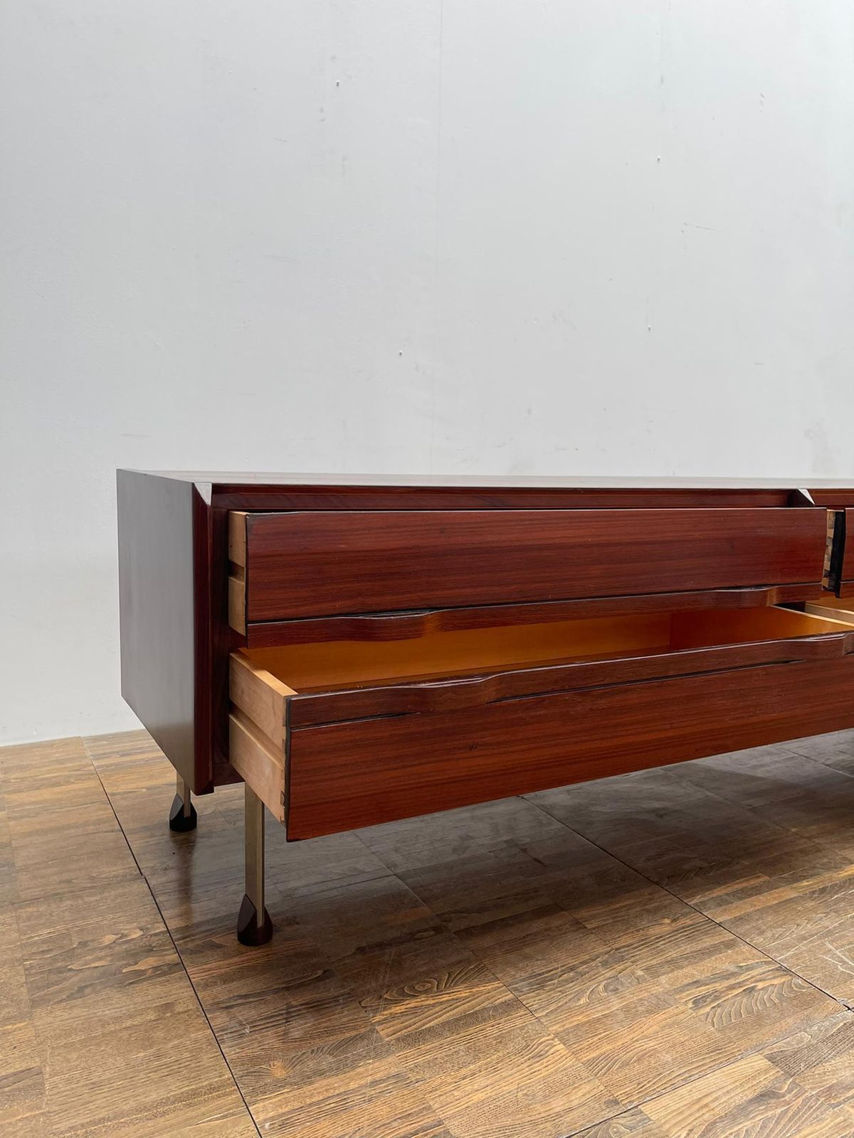 Mid Century Modern Italian Low Wooden Credenza, With Four Drawers photo for sale