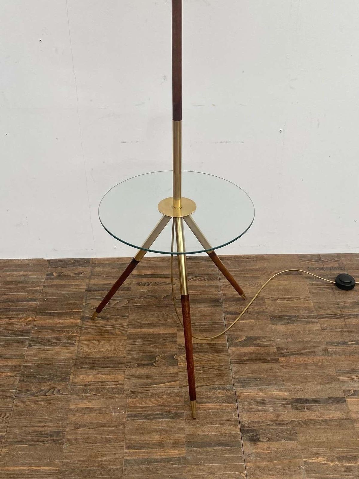 Mid Century Modern French Floorlamp, Wood & Brass And Glass photo Lighting