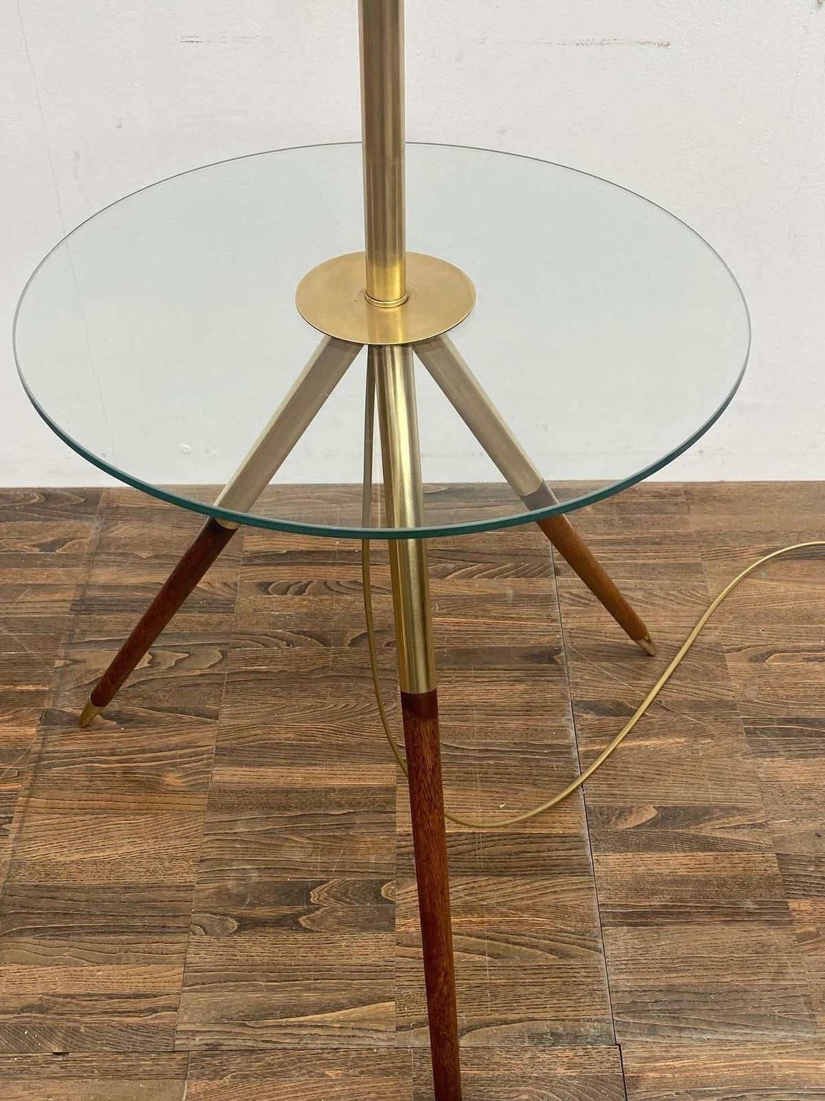 Mid Century Modern French Floorlamp, Wood & Brass And Glass photo vinterior