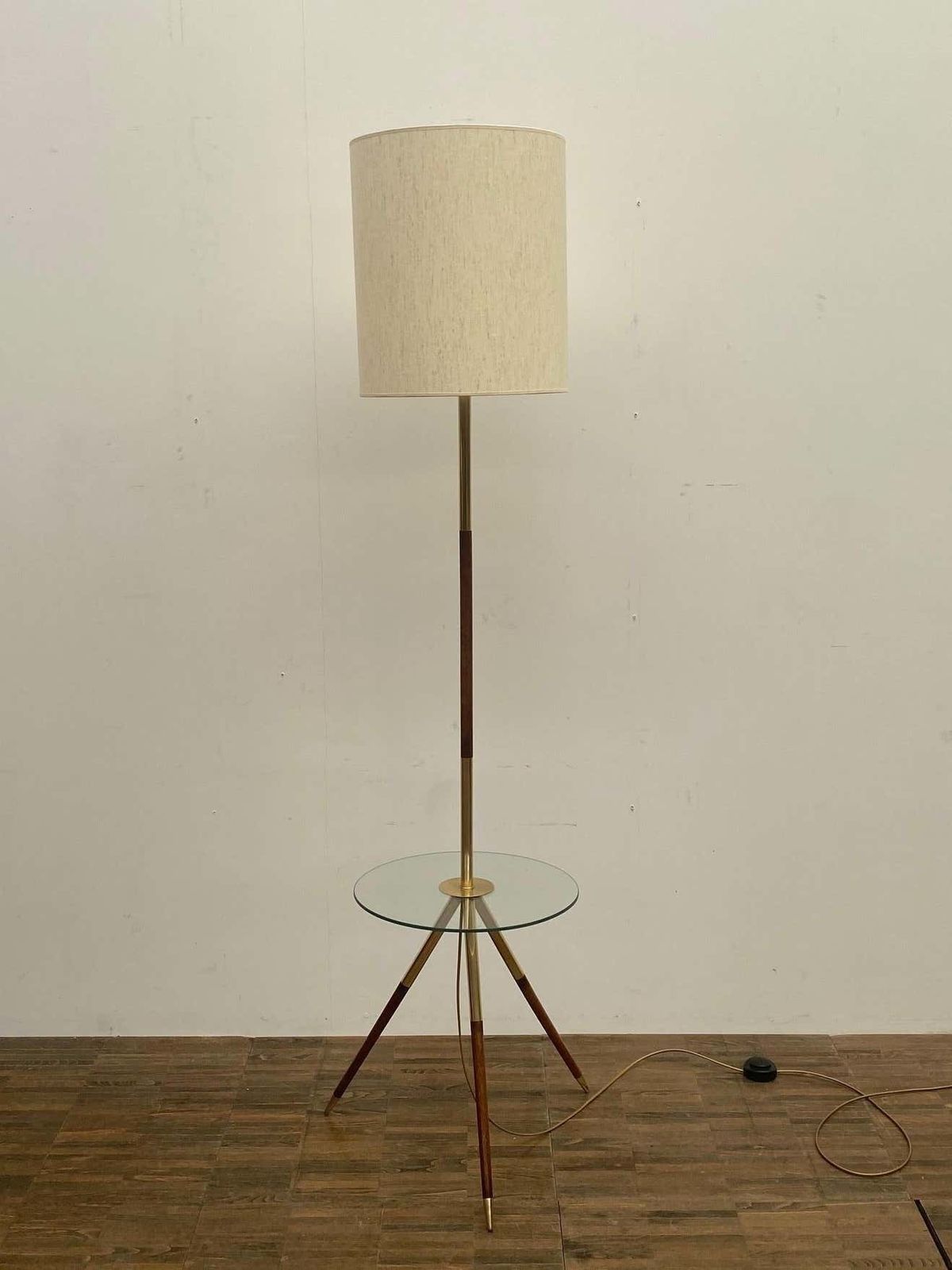 Mid Century Modern French Floorlamp, Wood & Brass And Glass photo buy
