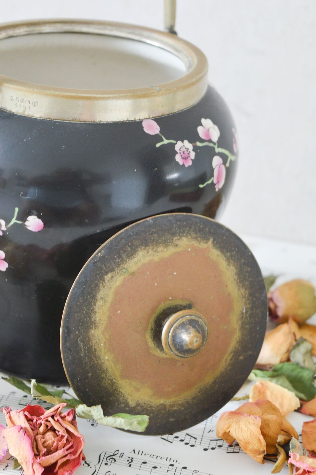 Rare Antique Preserve Jar, Rialto Ware British Art Pottery Co Fenton, Hand Painted Ceramics, Silver Hallmarked Rim, Lid & Handle photo vinterior