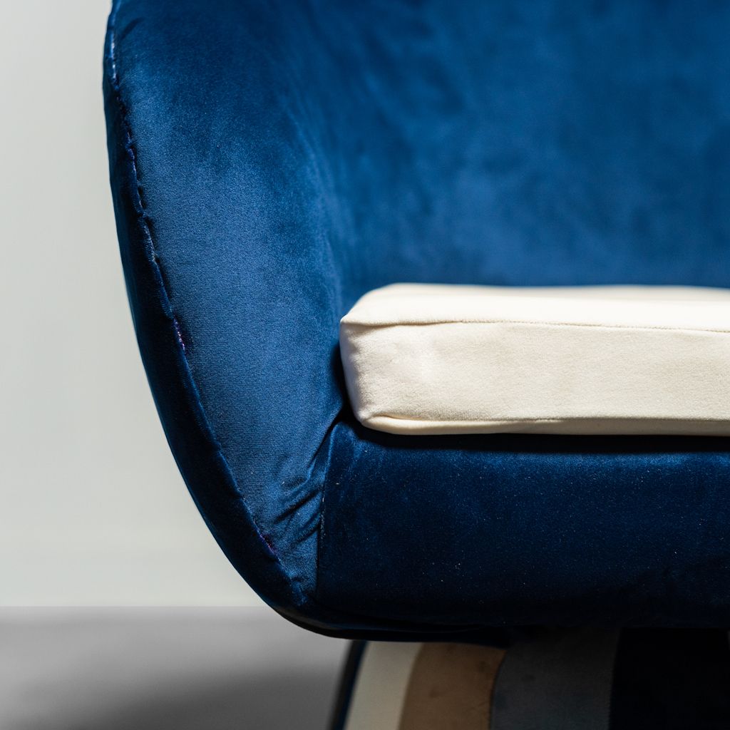 Chapeau Armchair In Blue Velvet Design 70s Vintage Modern Antiques photo for sale