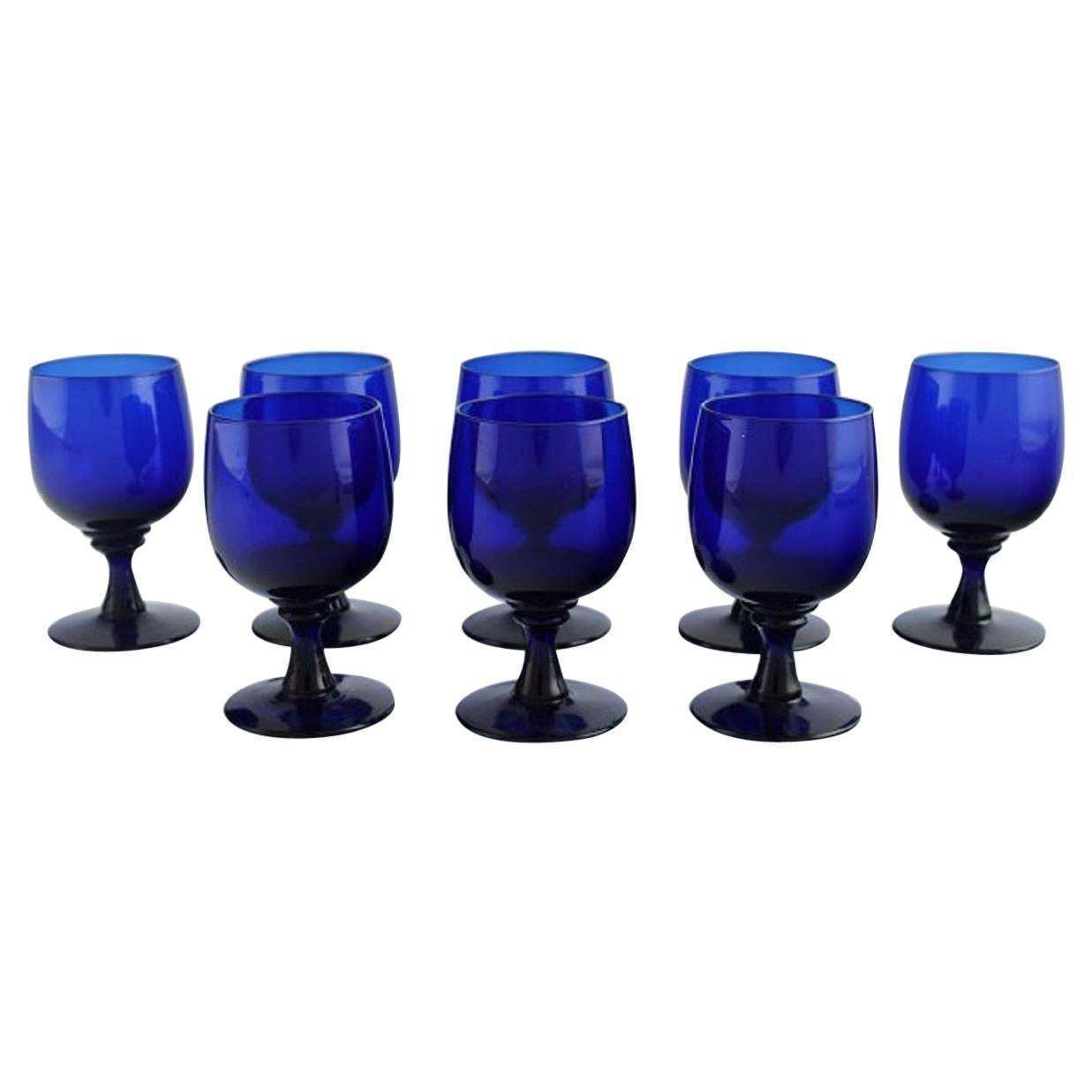 Monica Bratt For Reijmyre, Eight Sherry Glasses In Blue Mouth Blown Art Glass photo furniture