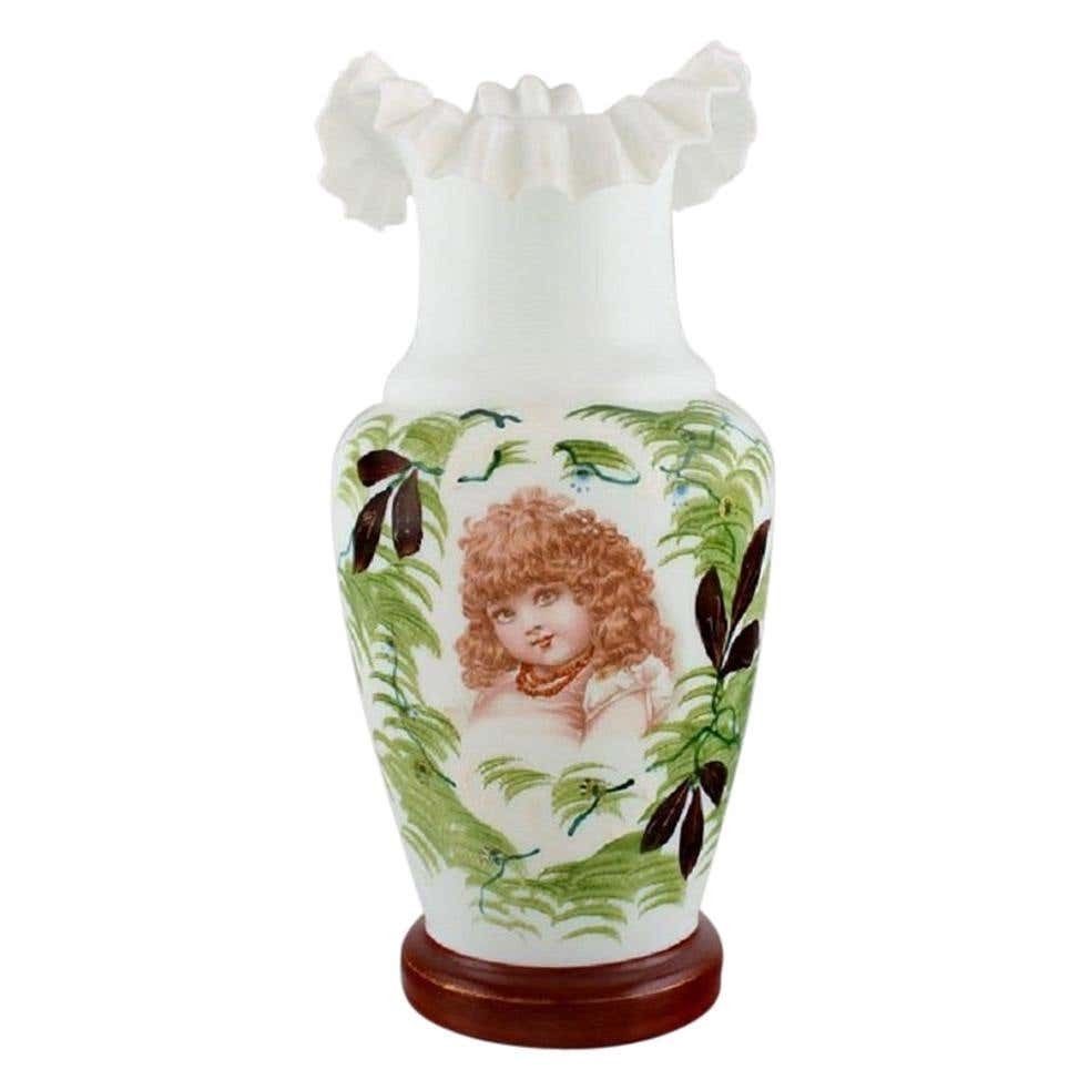 Antique Vase In Mouth Blown Opal Art Glass With A Motif Of Young Woman