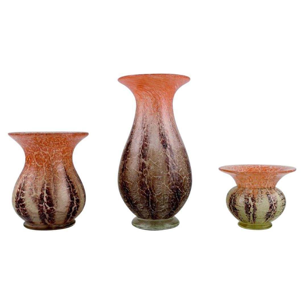 Karl Wiedmann For Wmf, Three Ikora Vases In Mouth Blown Art Glass, 1930s