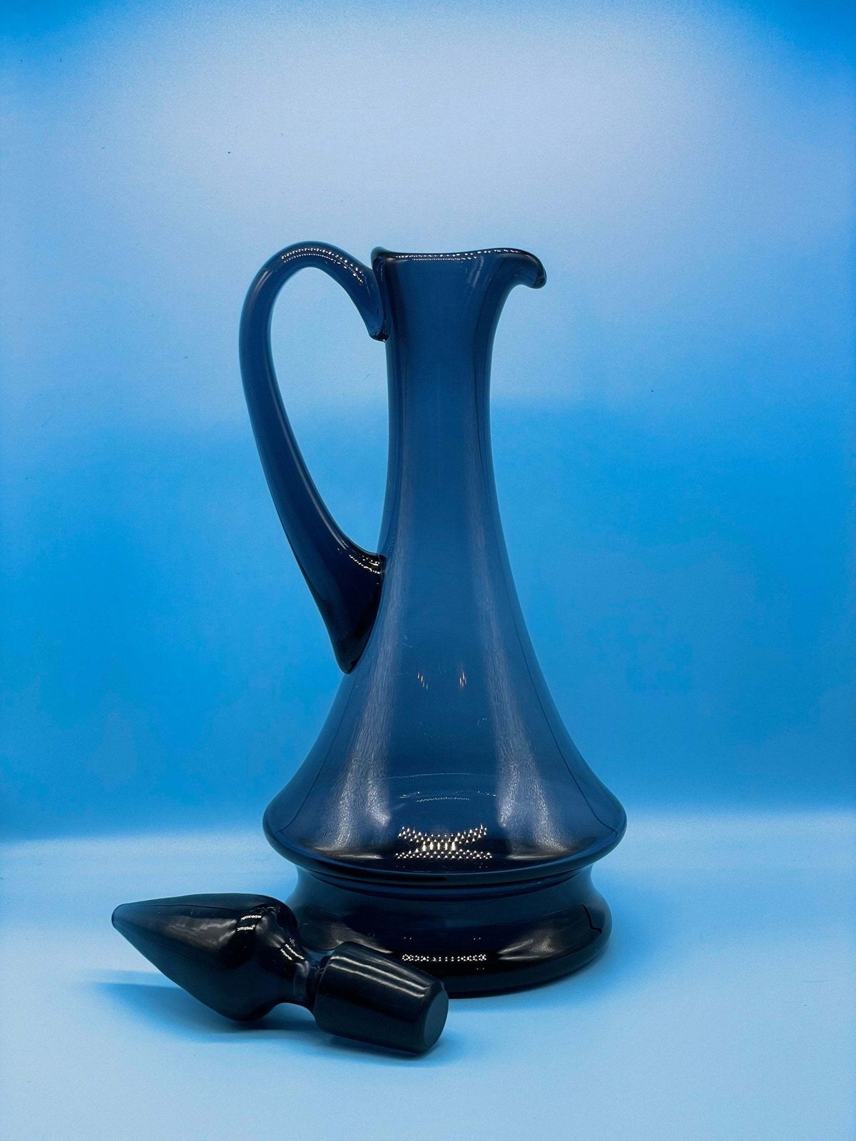 Mid Century Modern Handmade Blue Glass Decanter / Carafe