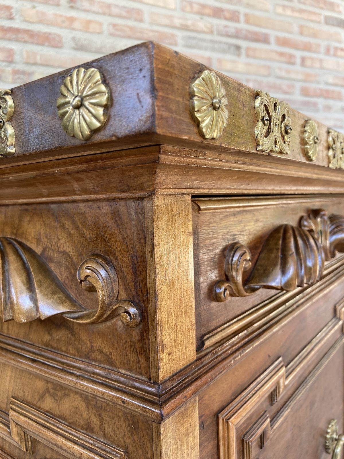 Mid 20th  Century Carved Wooden Sideboard With Two Drawers On The Waist And A Lower Door With Gilt Bronze Applications On Lentil Legs photo Furniture