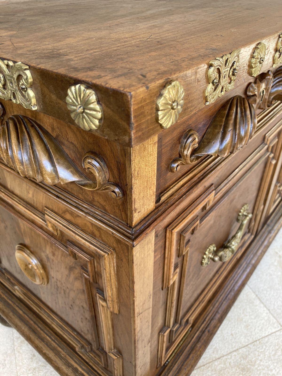 Furniture Mid 20th  Century Carved Wooden Sideboard With Two Drawers On The Waist And A Lower Door With Gilt Bronze Applications On Lentil Legs photo