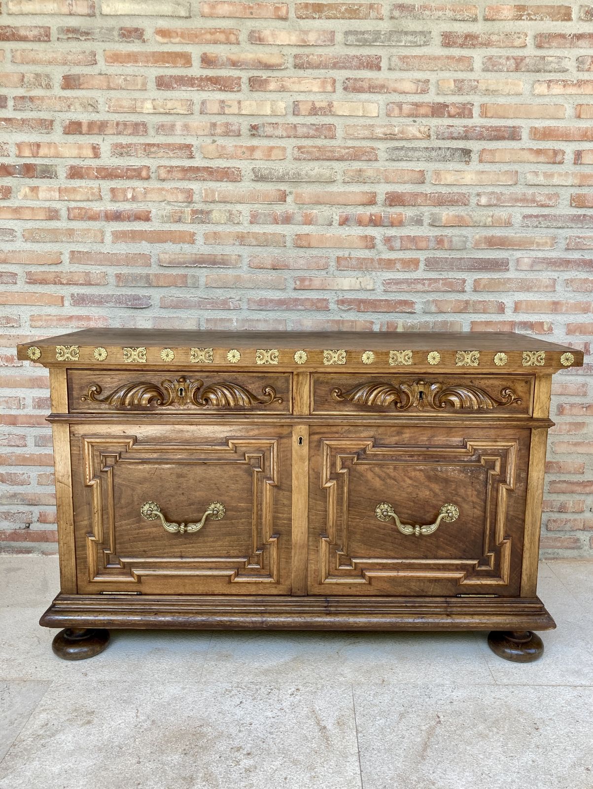 2362.0 Mid 20th  Century Carved Wooden Sideboard With Two Drawers On The Waist And A Lower Door With Gilt Bronze Applications On Lentil Legs photo