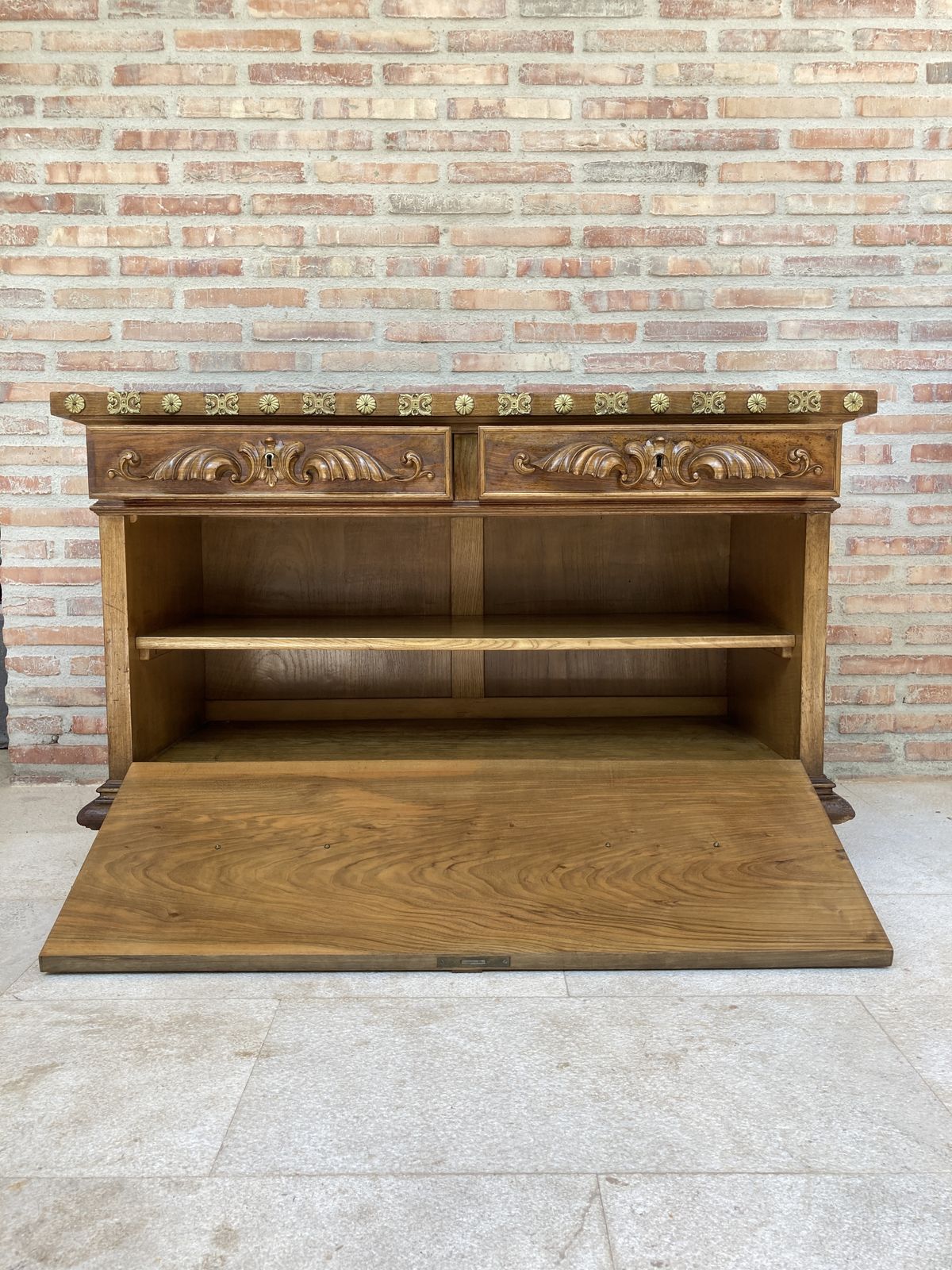 photo buy Mid 20th  Century Carved Wooden Sideboard With Two Drawers On The Waist And A Lower Door With Gilt Bronze Applications On Lentil Legs