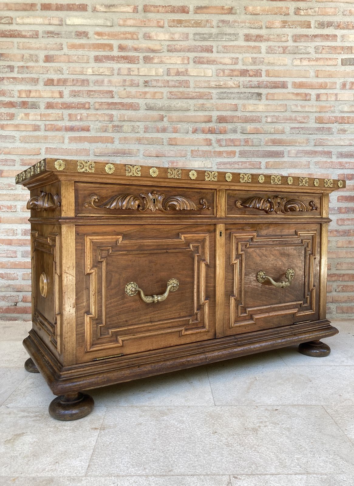 Mid 20th  Century Carved Wooden Sideboard With Two Drawers On The Waist And A Lower Door With Gilt Bronze Applications On Lentil Legs