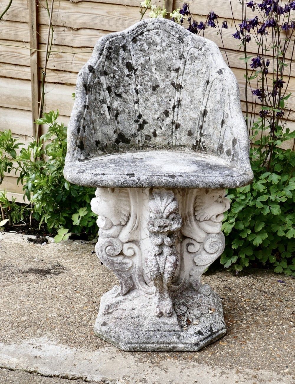 Old Weathered Garden Seat With Gargoyles