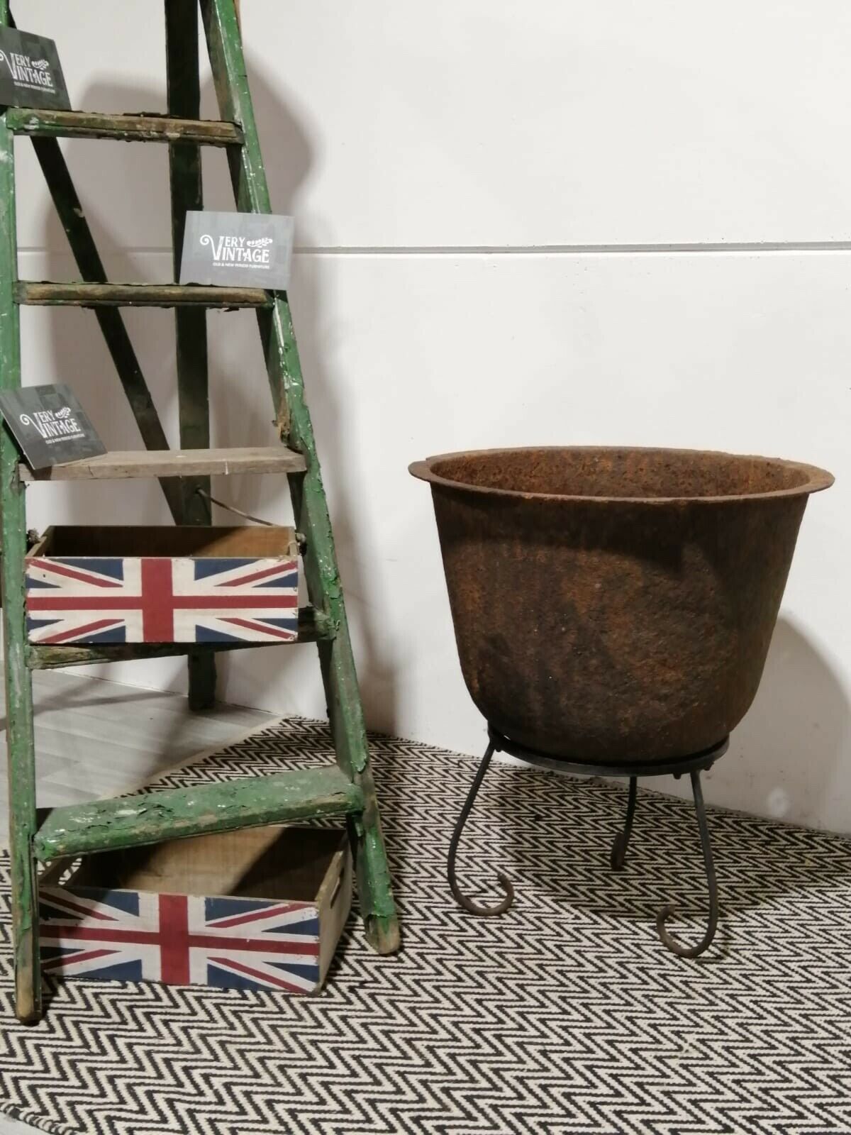 Antique Large Cast Iron Cauldron Planter On Stand Garden Architectural photo vinterior