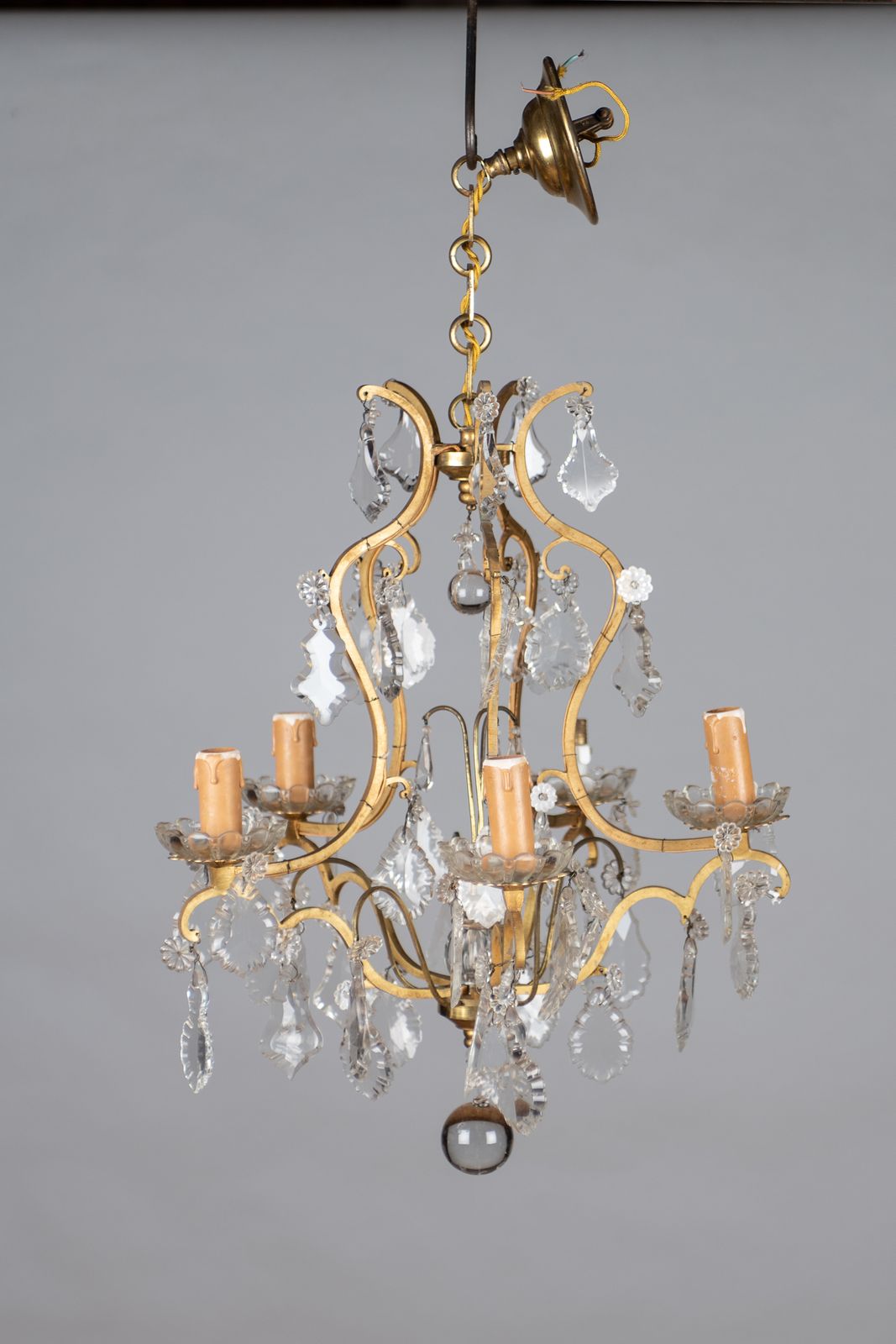 A Lovely French Glass And Brass Five Arm Chandelier