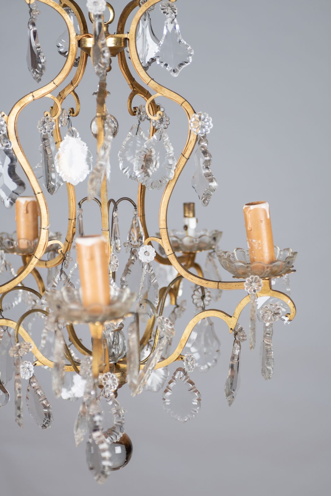 A Lovely French Glass And Brass Five Arm Chandelier photo for sale