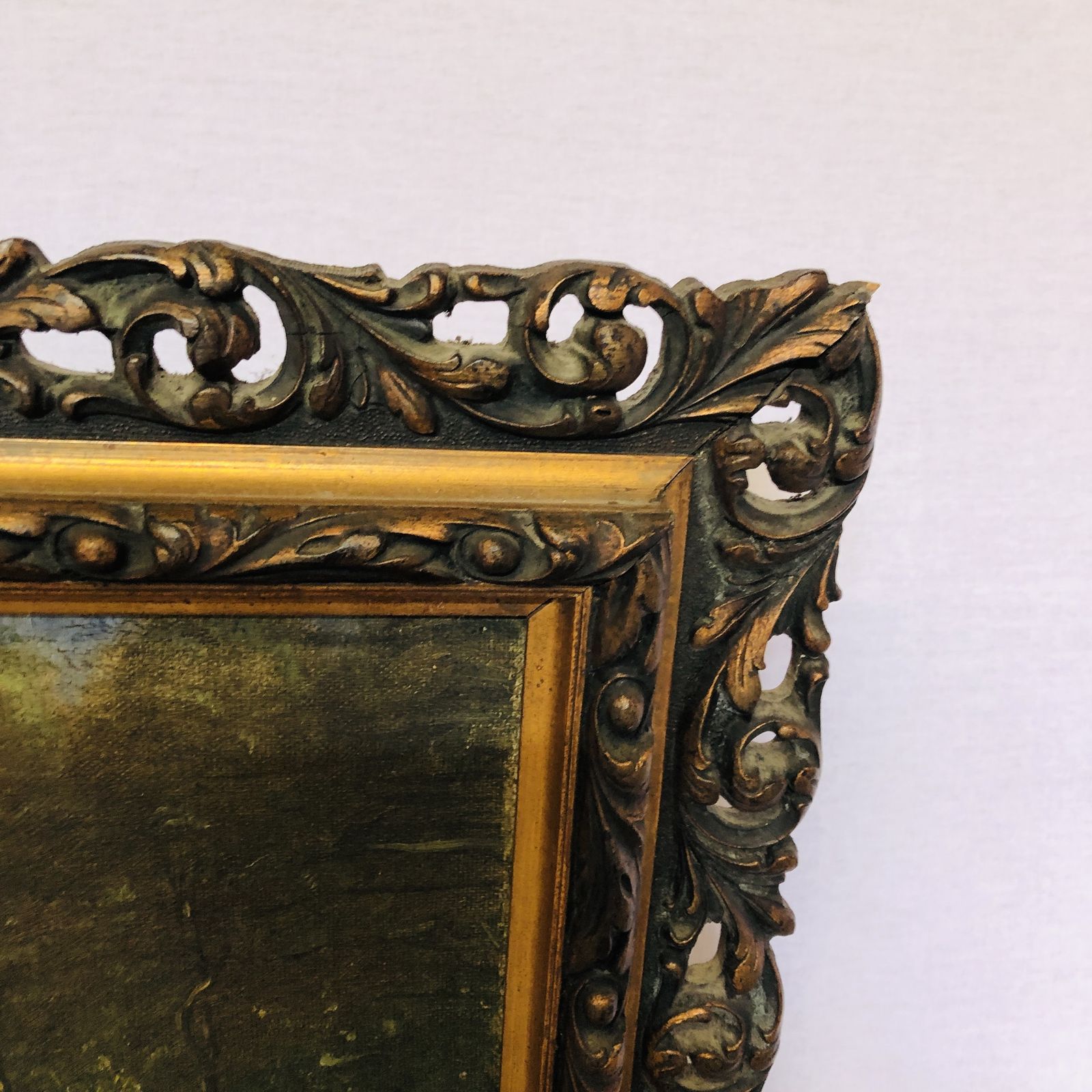 Antique Gilt Gesso Framed Oil On Canvas Signed Painting photo vinterior