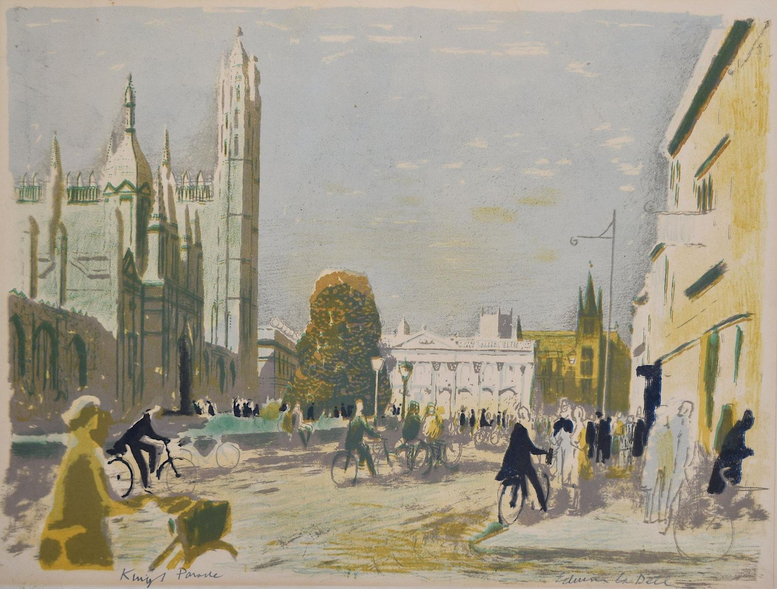 Edwin La Dell, King's Parade Cambridge Signed Lithograph (C.1960)