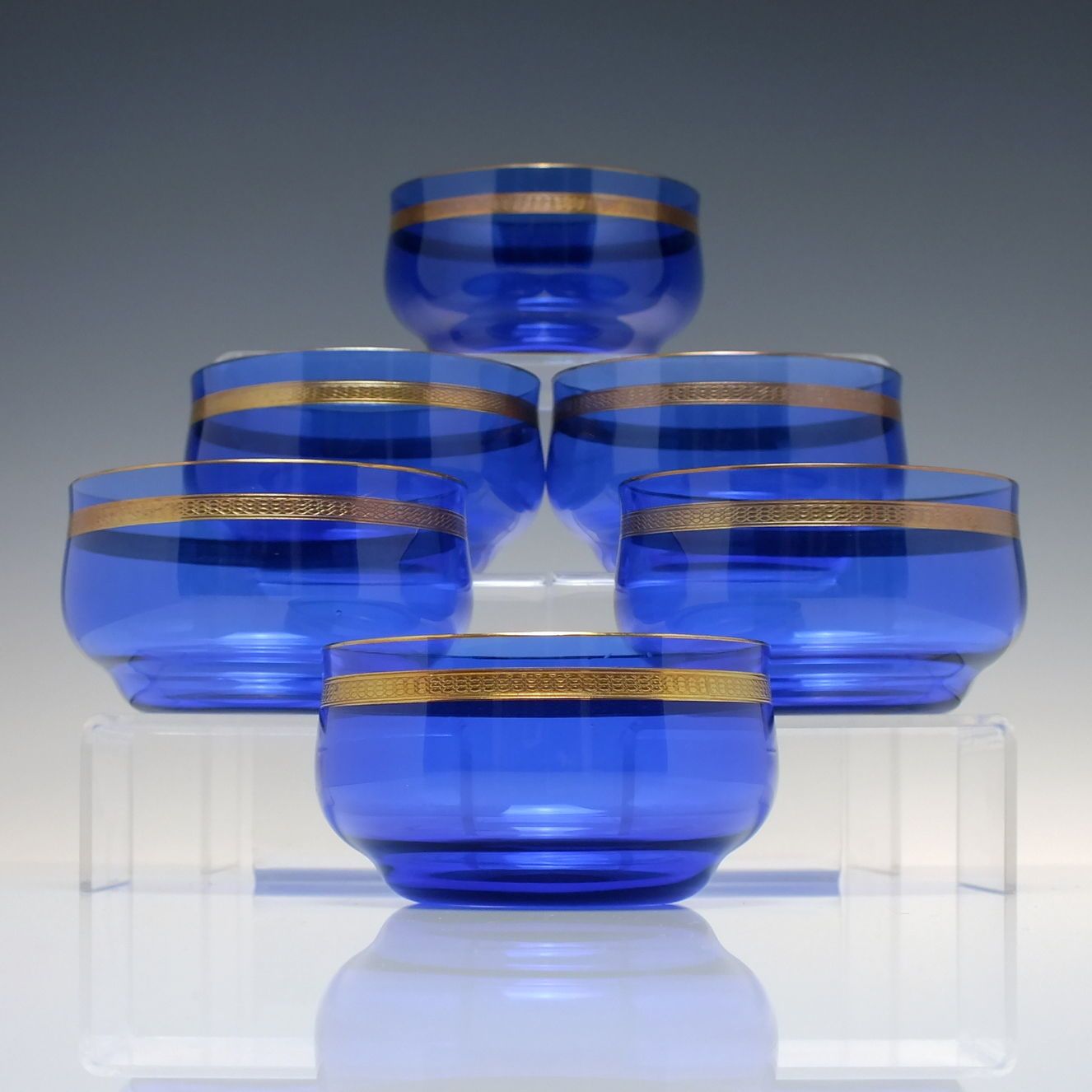 Rare Set Of Six Art Nouveau Secessionist Copper Overlay Blue Glass Finger Bowls C1900