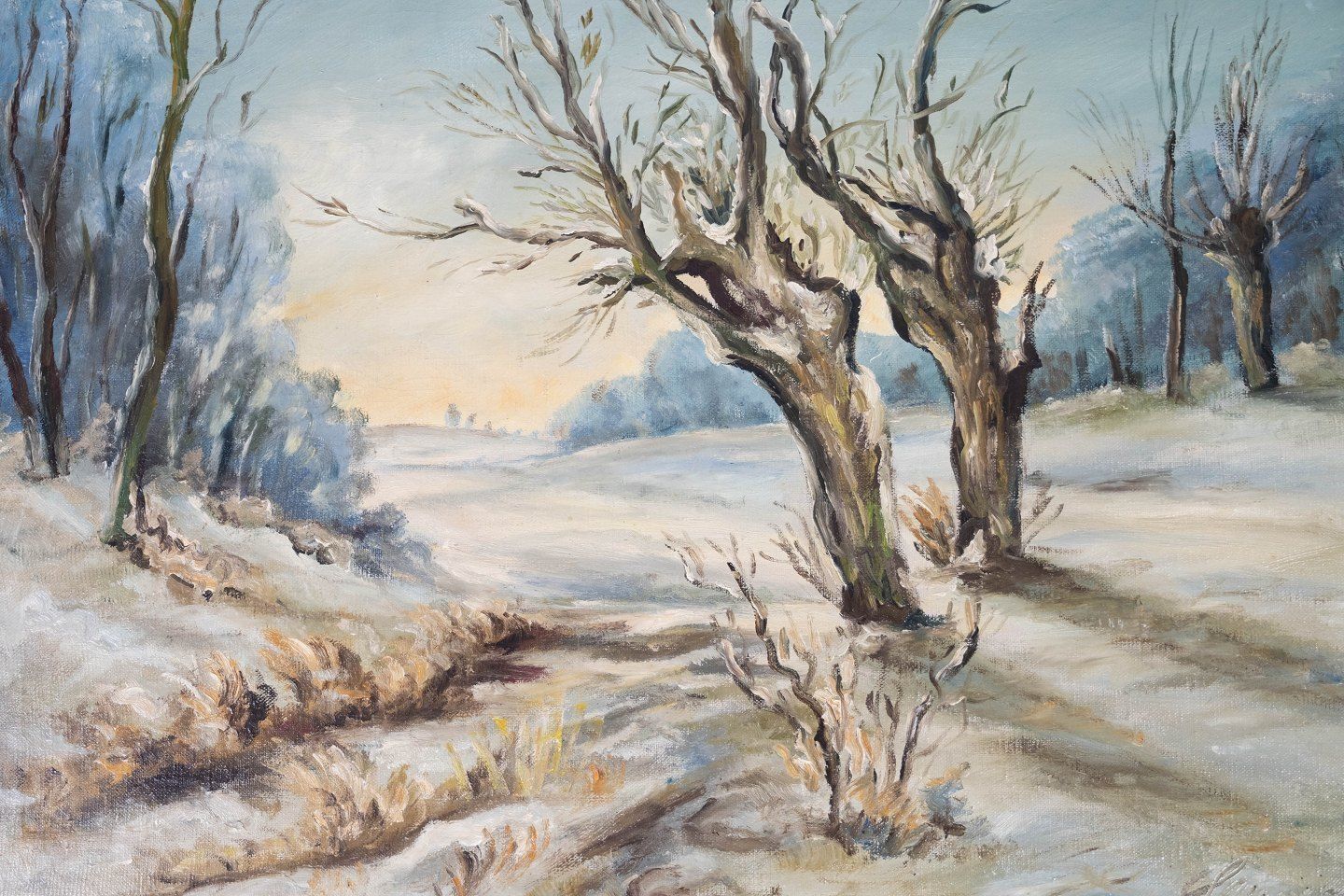 Oil Painting With Winter Motif And Black Painted Frame, With Unknown Signature From The 1920s. photo furniture