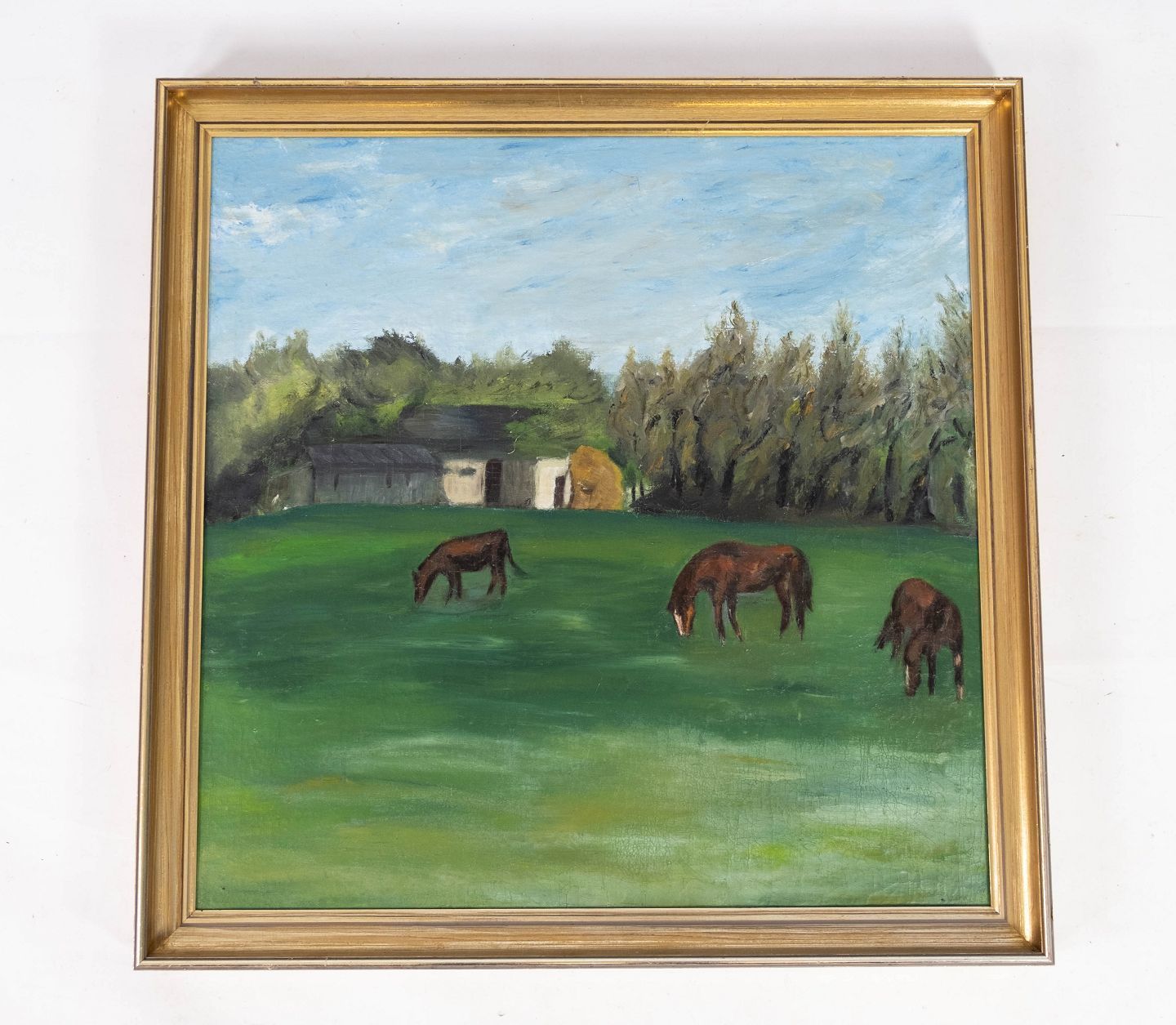 Oil Painting With Motif Of Horses And With Gilded Frame From The 1920s.