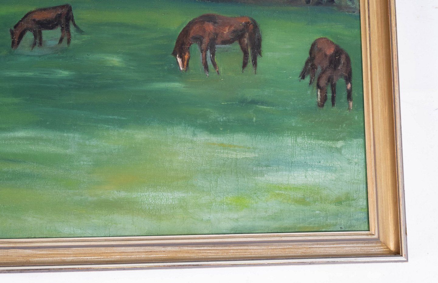 Oil Painting With Motif Of Horses And With Gilded Frame From The 1920s. photo furniture