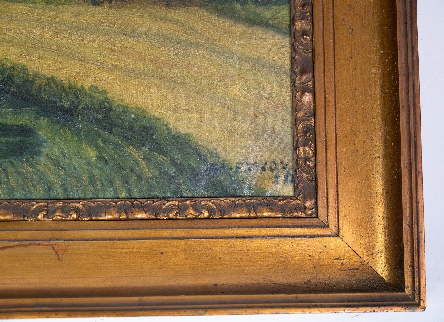 Oil Painting With Village Motif And Gilded Frame, Signed Erskov 16. photo furniture