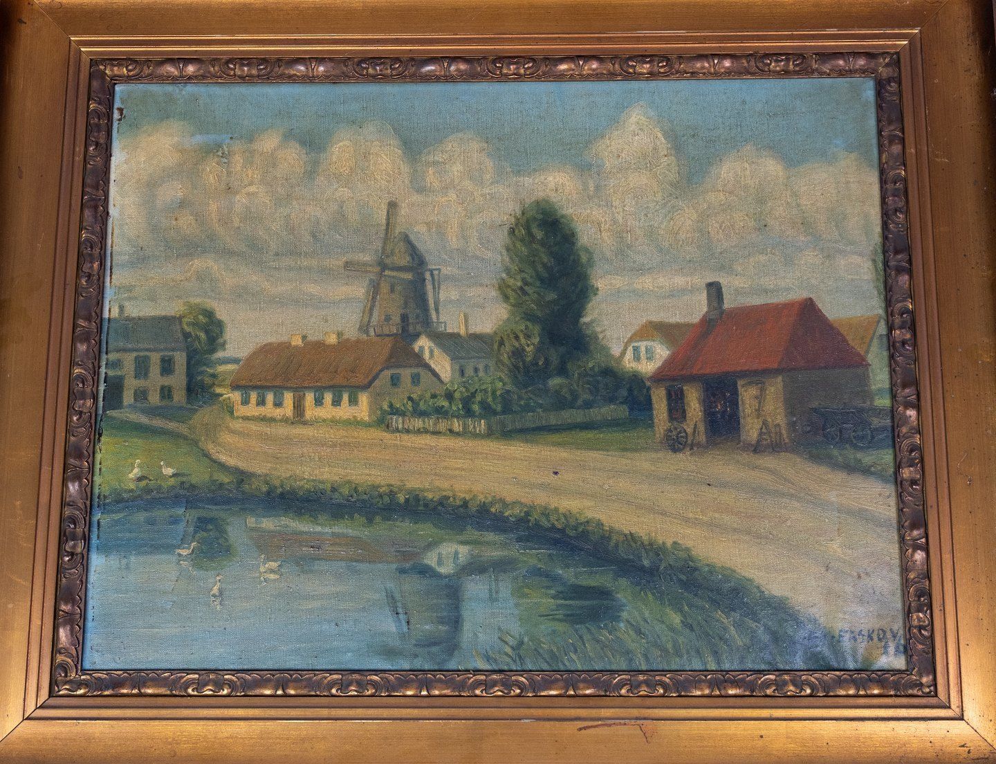 Oil Painting With Village Motif And Gilded Frame, Signed Erskov 16. photo for sale