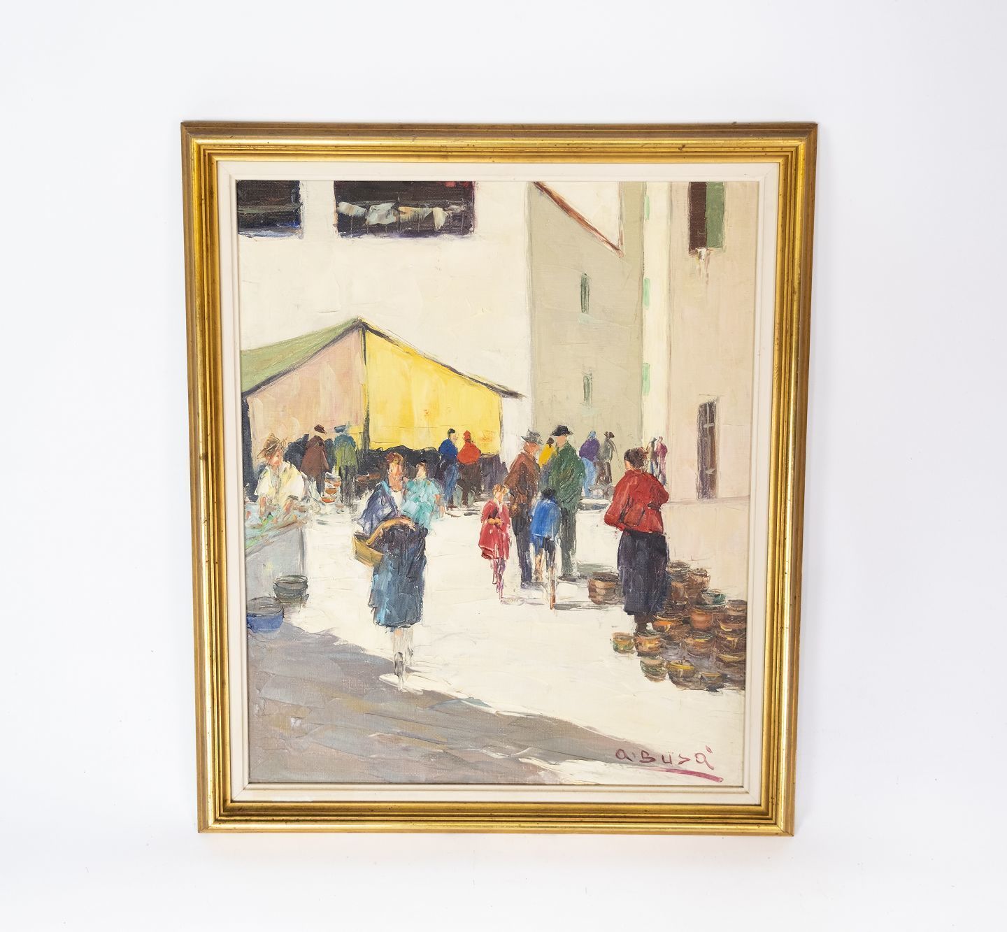 Oil Painting With City Motif And Gilded Frame, Signed A. Suza From The 1940s.