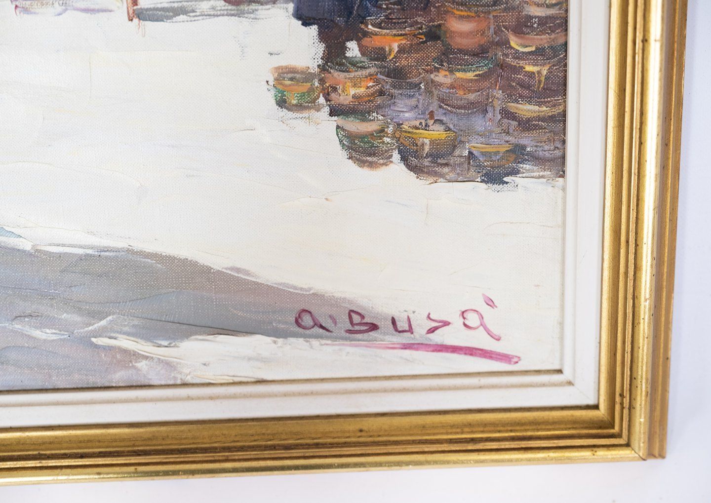 Oil Painting With City Motif And Gilded Frame, Signed A. Suza From The 1940s. photo for sale