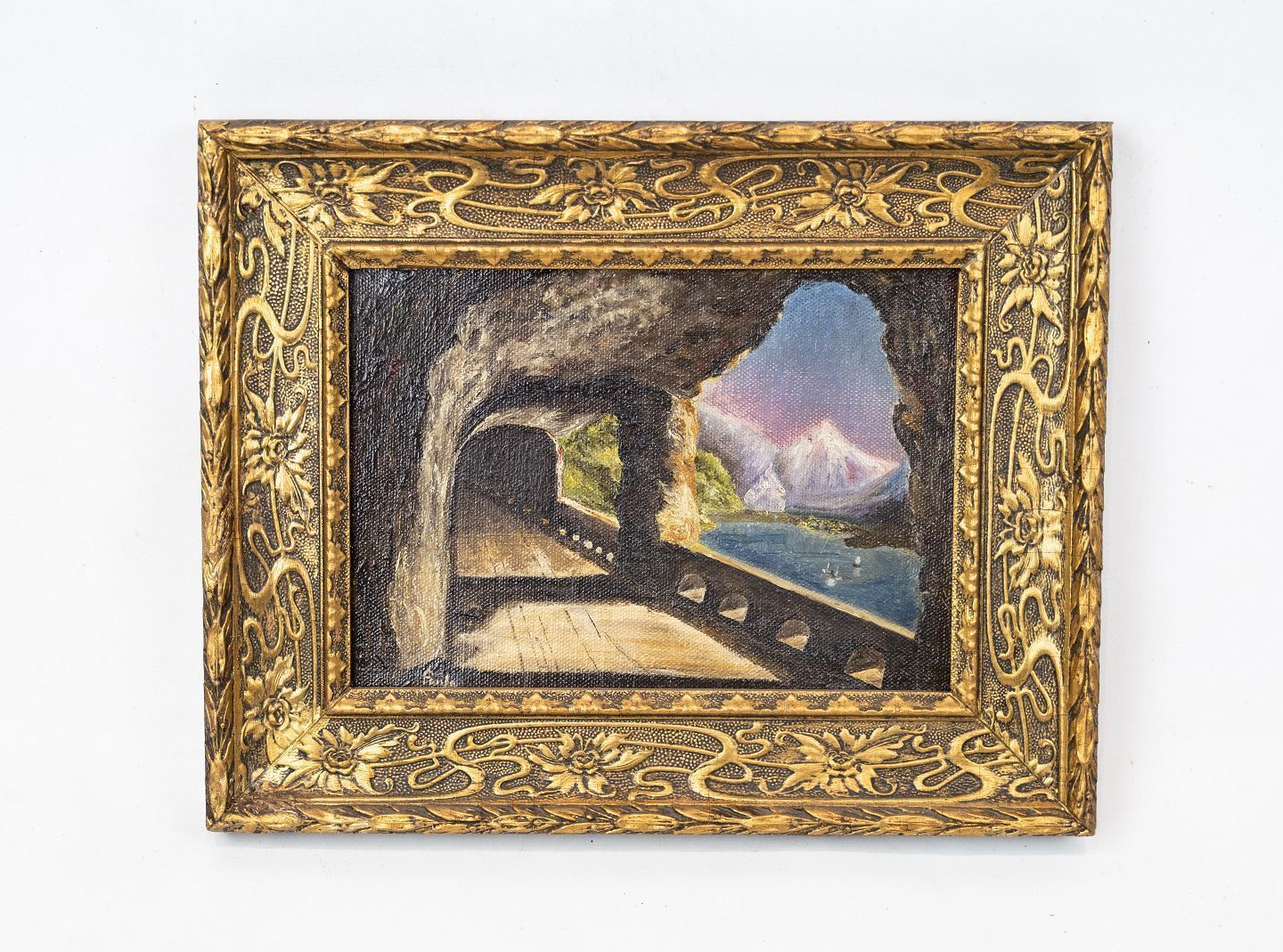 Oil Painting With Motif Of Tunnel And With Gilded Frame.