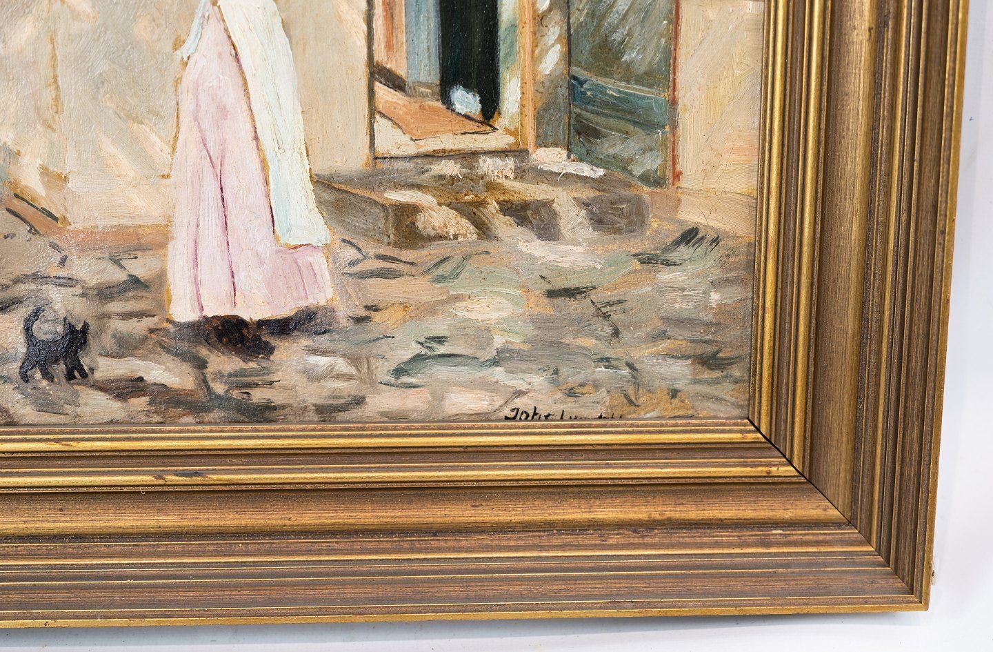 Oil Painting With Village Motif And With Golden Frame. photo for sale