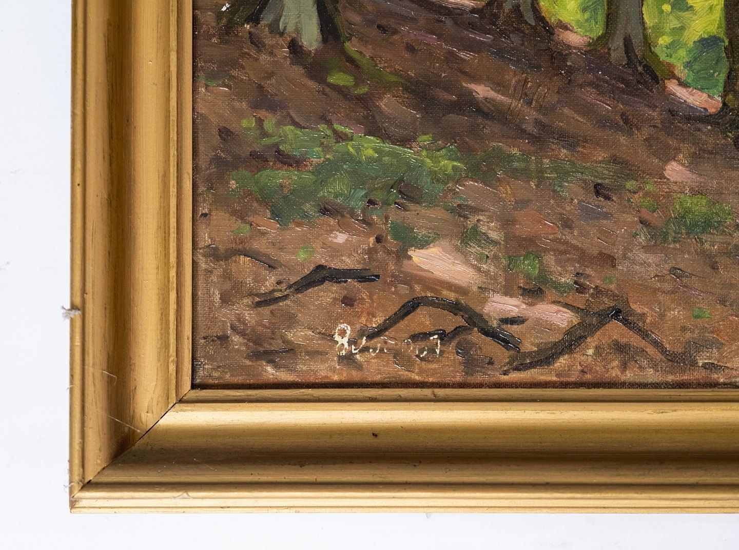Oil Painting With Motif Of The Forest In The Spring And With Gilded Frame And Unknown Signature From The 1920s. photo furniture
