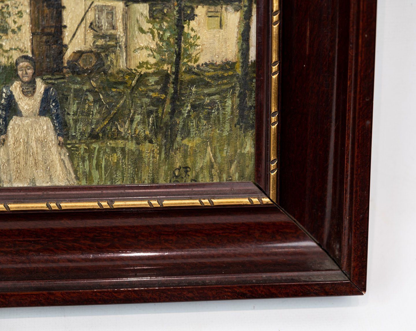 Oil Painting With Yard Motif And Dark Wooden Frame, From 1915. photo for sale