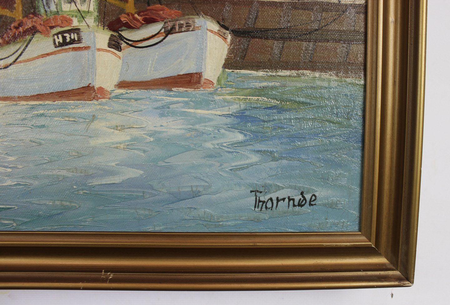 Oil Painting With Motif Of Ships And Gilded Frame, Signed Thornøe. photo for sale