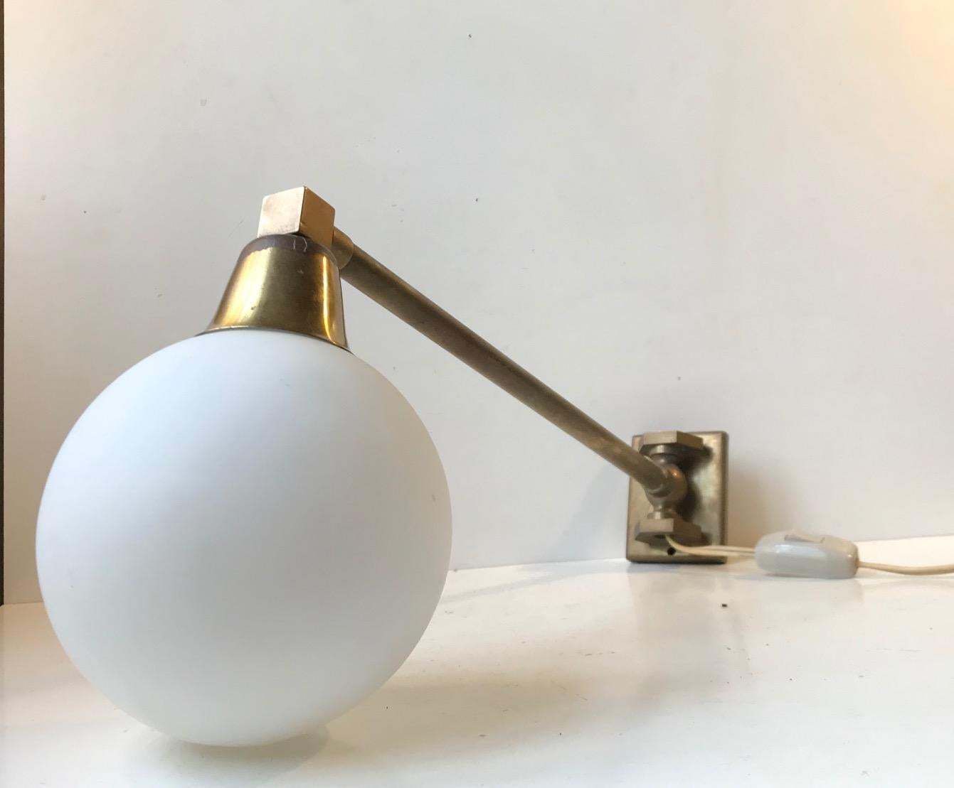 Scandinavian Modern Brass Swing Arm Wall Sconce With Opaline Sphere, 1960s photo 794.0