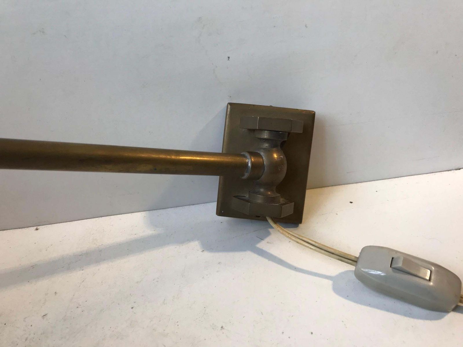 Scandinavian Modern Brass Swing Arm Wall Sconce With Opaline Sphere, 1960s photo vinterior