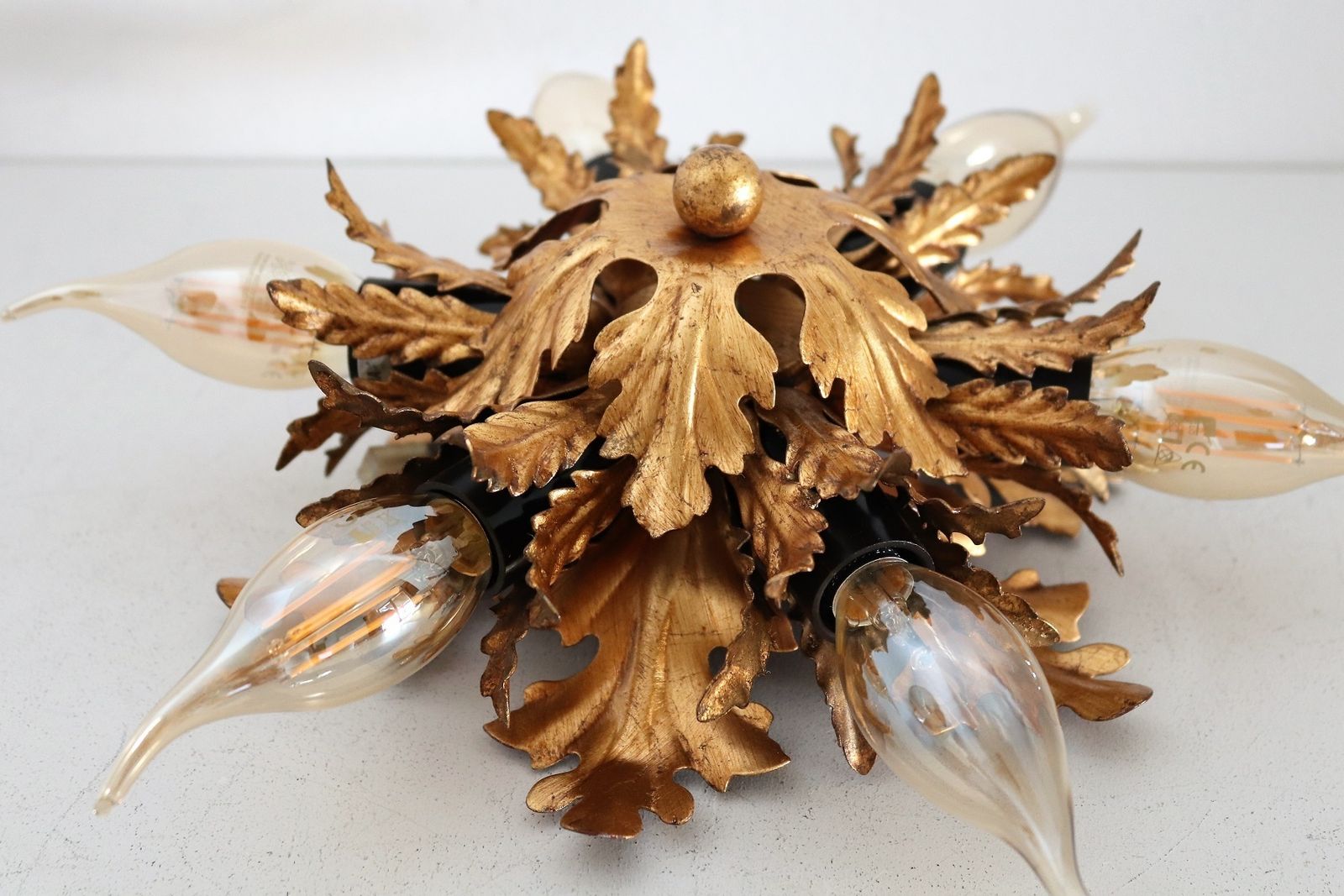 Italian Mid Century Flush Mount Light Or Ceiling Lamp In Metal With Gilt Leaves For 6 Light Bulbs By Banci Florence, 1970s photo for sale