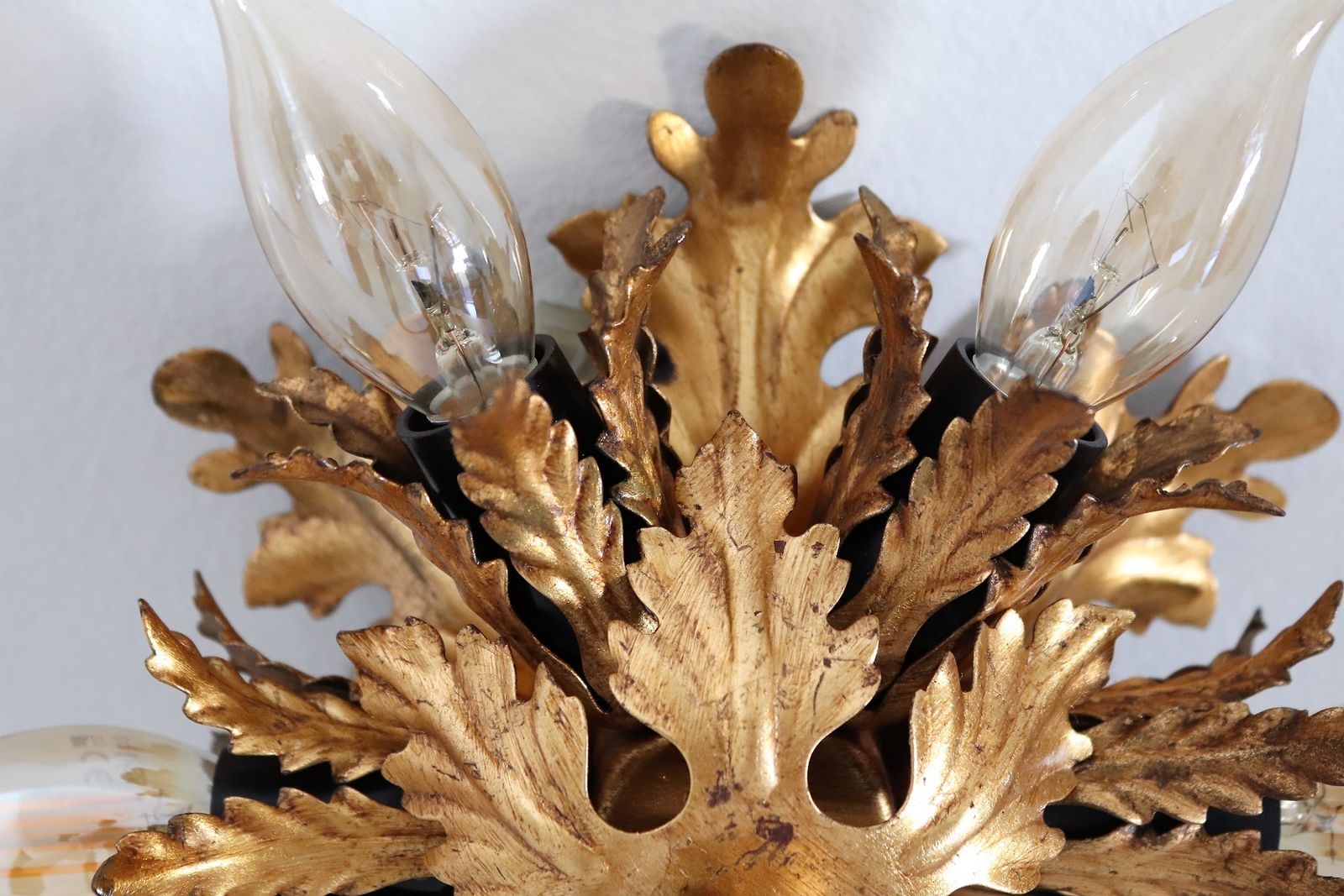Italian Mid Century Flush Mount Light Or Ceiling Lamp In Metal With Gilt Leaves For 6 Light Bulbs By Banci Florence, 1970s photo vintage