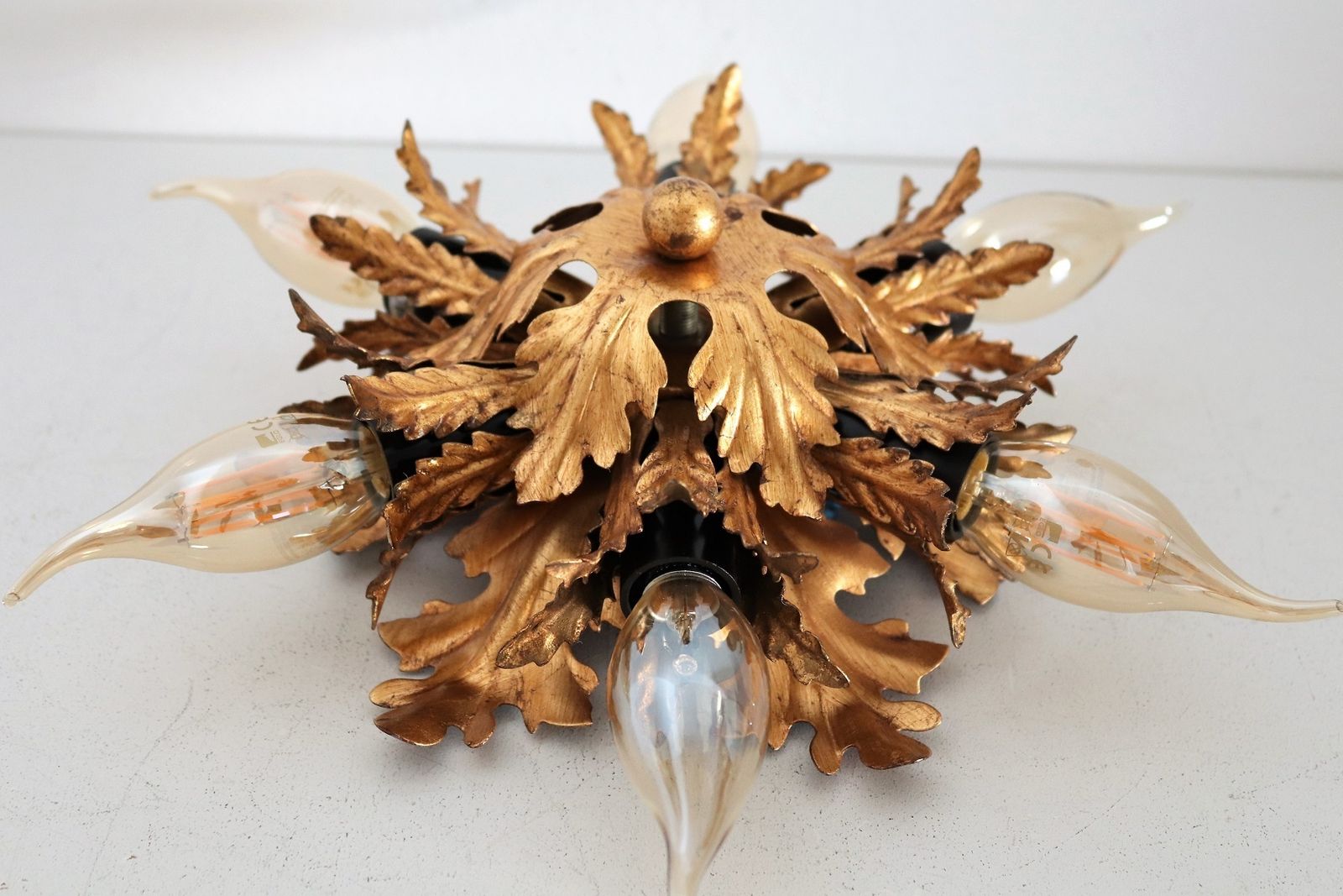 Lighting Italian Mid Century Flush Mount Light Or Ceiling Lamp In Metal With Gilt Leaves For 6 Light Bulbs By Banci Florence, 1970s photo