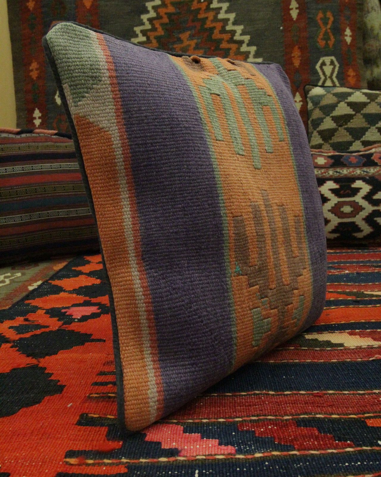 Tribal Wool Kilim Scatter Cushion Handmade Orange Purple Pillow Cover  37x40cm photo Textiles