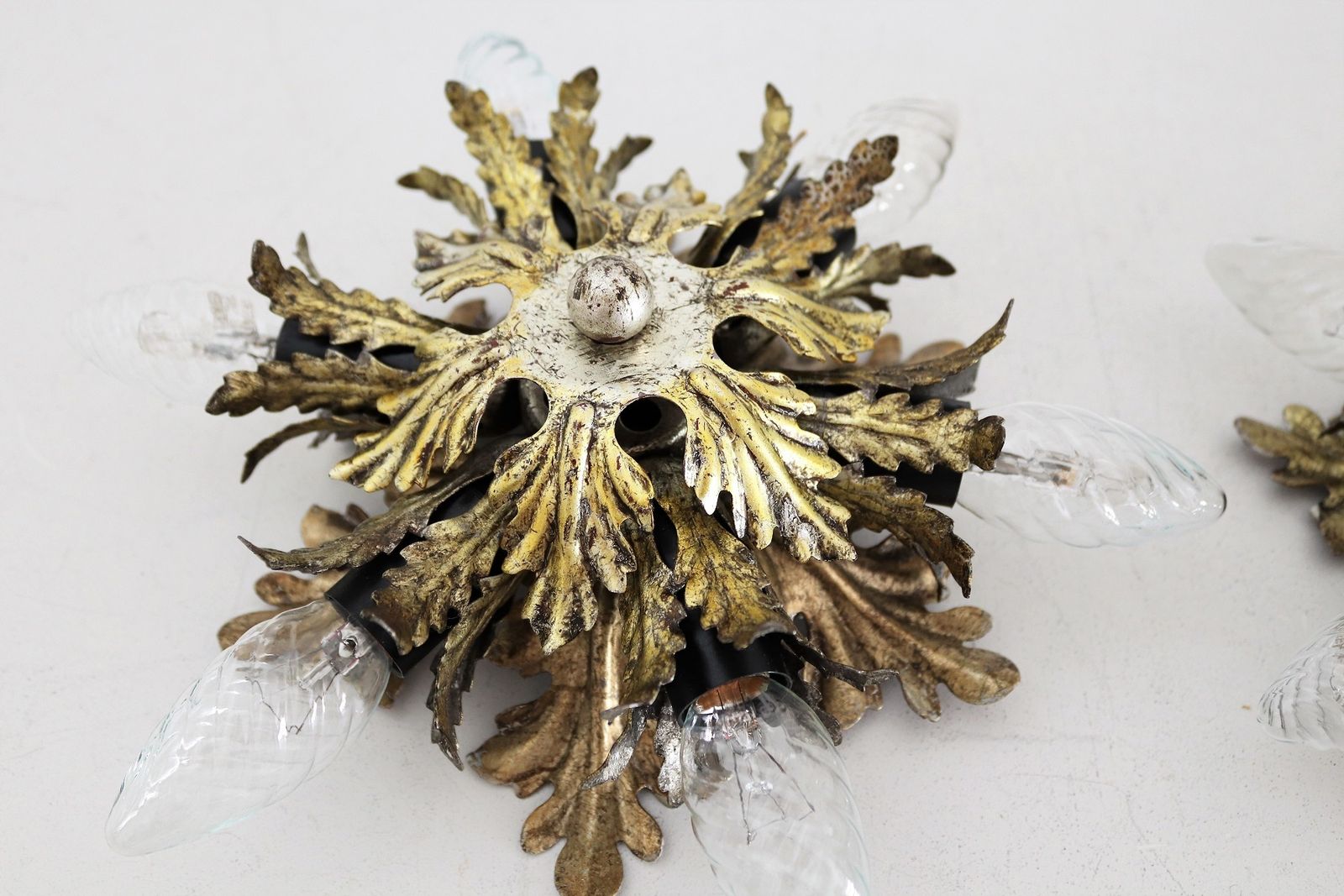 Italian Mid Century Flush Mount Light Or Ceiling Lamp In Metal With Gilt Leaves For 6 Light Bulbs By Banci Florence, 1970s, Set Of 2 photo furniture