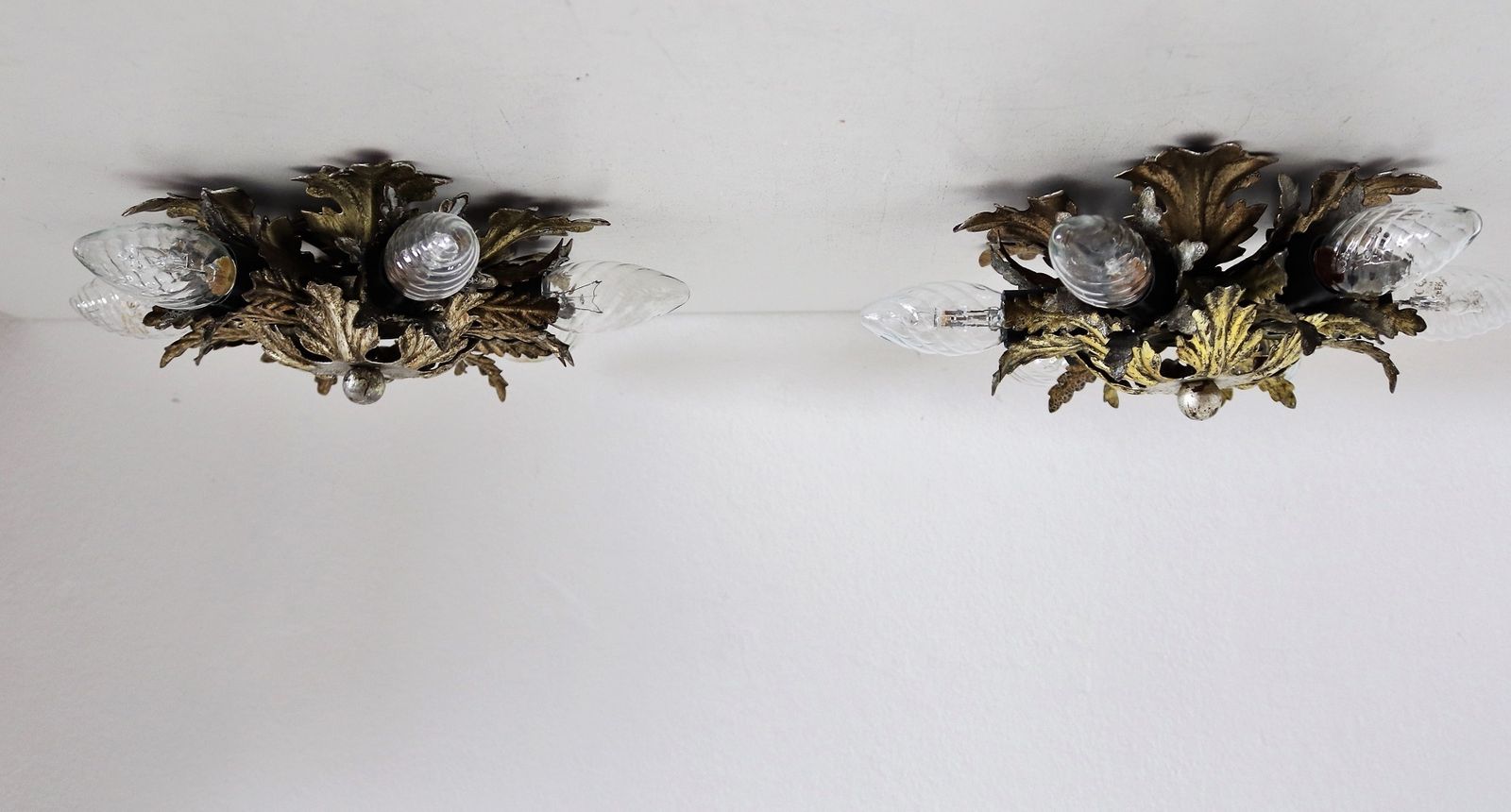 Italian Mid Century Flush Mount Light Or Ceiling Lamp In Metal With Gilt Leaves For 6 Light Bulbs By Banci Florence, 1970s, Set Of 2 photo Lighting