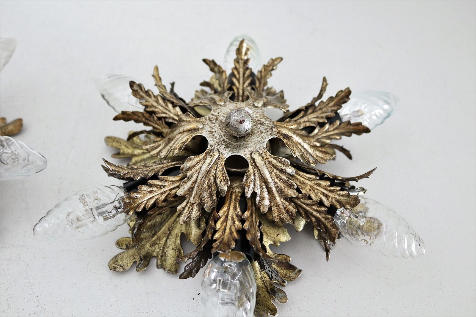 2579.2 Italian Mid Century Flush Mount Light Or Ceiling Lamp In Metal With Gilt Leaves For 6 Light Bulbs By Banci Florence, 1970s, Set Of 2 photo