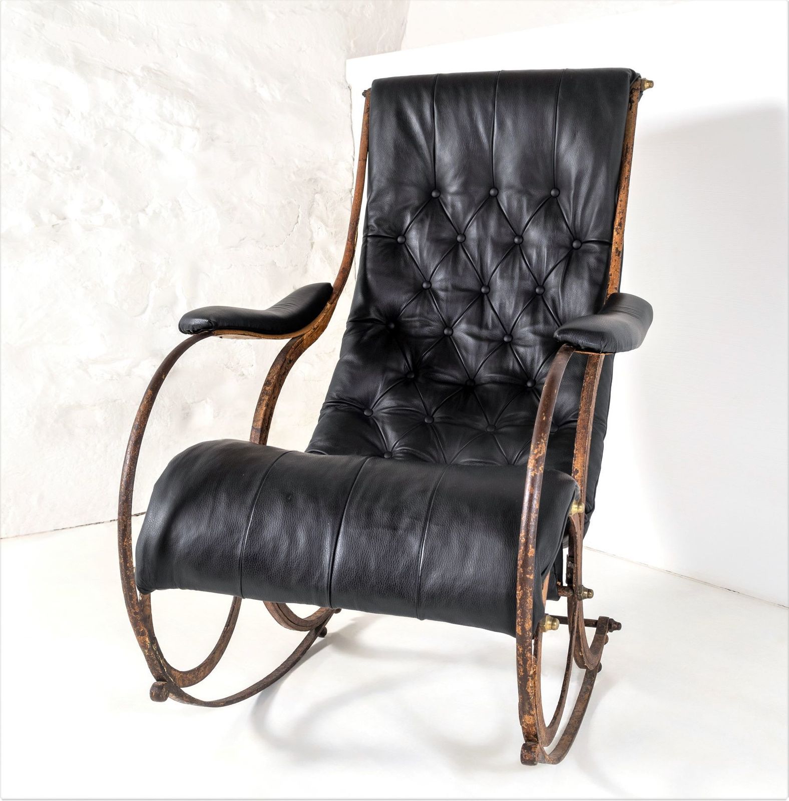 Historic 19th Century Antique Iron Frame Leather Sling Rocking Chair By R W Winfield Of England photo vintage