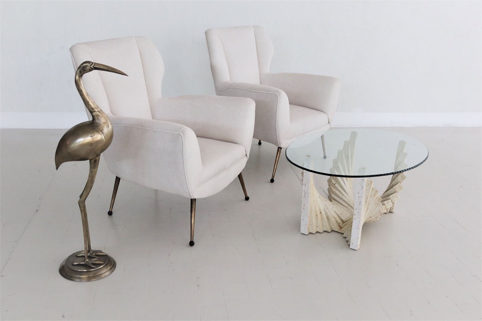 Italian Midcentury Armchairs In White Velvet In Gigi Radice Style, 1950s photo for sale