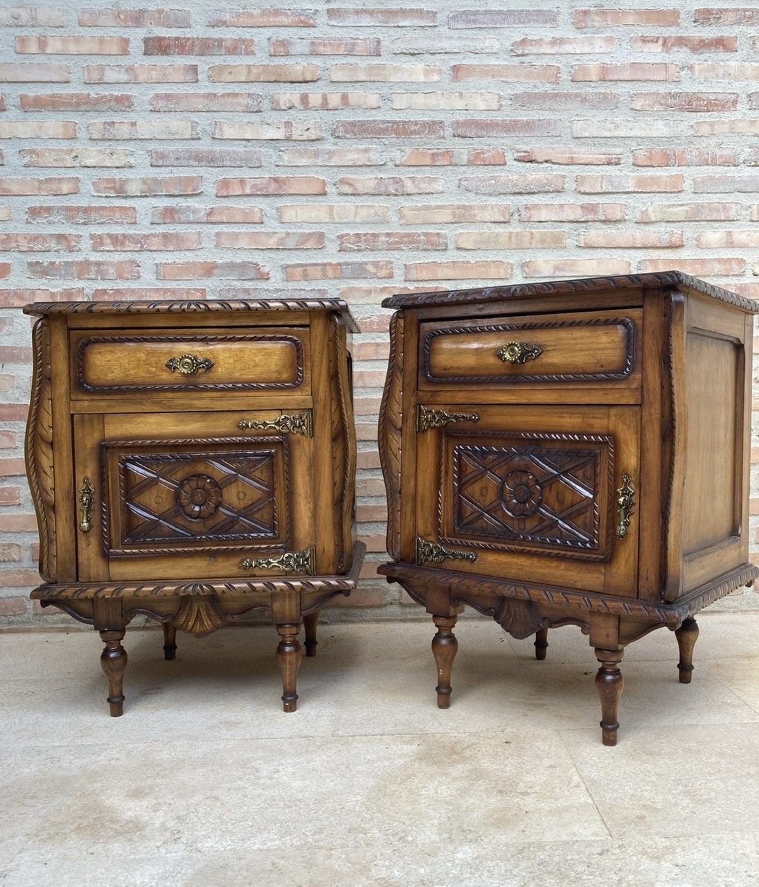 Pair Of Early Century Carved Oak Nightstand, 1940s photo buy