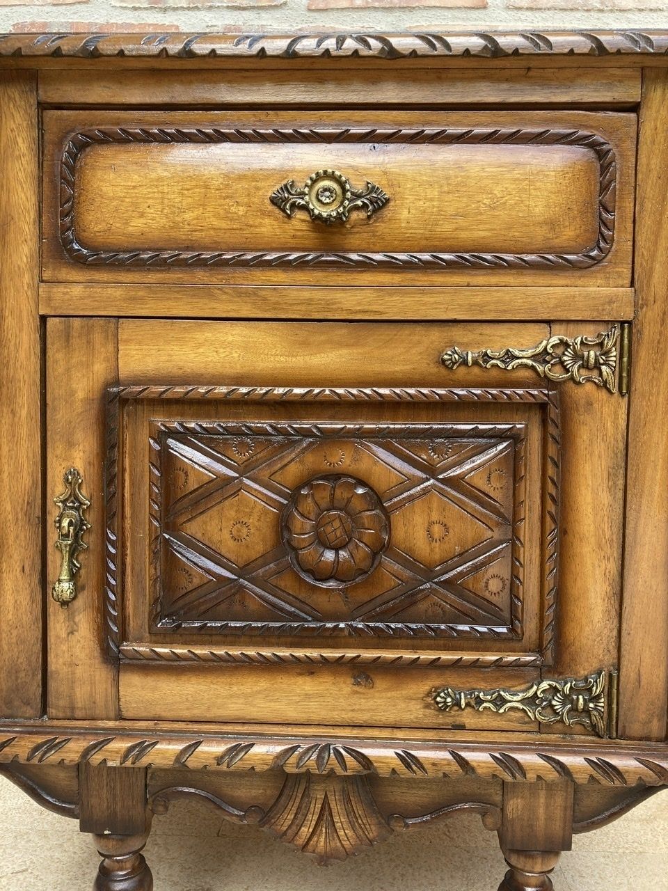 Pair Of Early Century Carved Oak Nightstand, 1940s photo vintage
